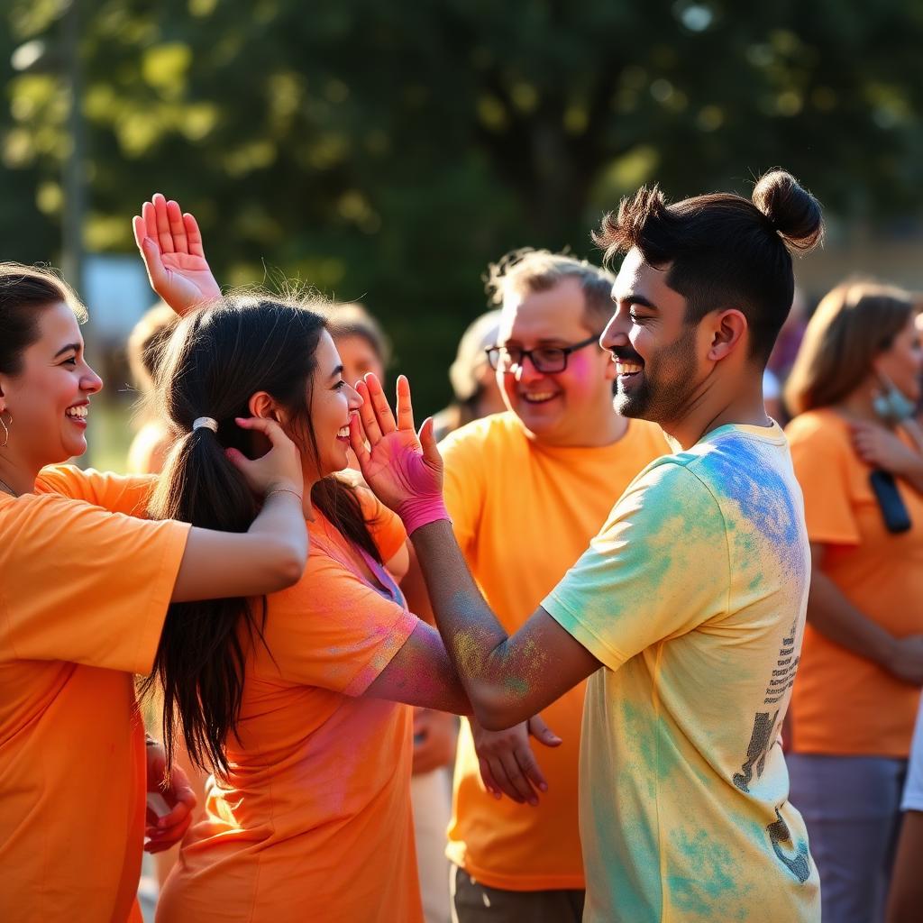 Voluntari oferind high-five-uri și îmbrățișări la un eveniment colorat