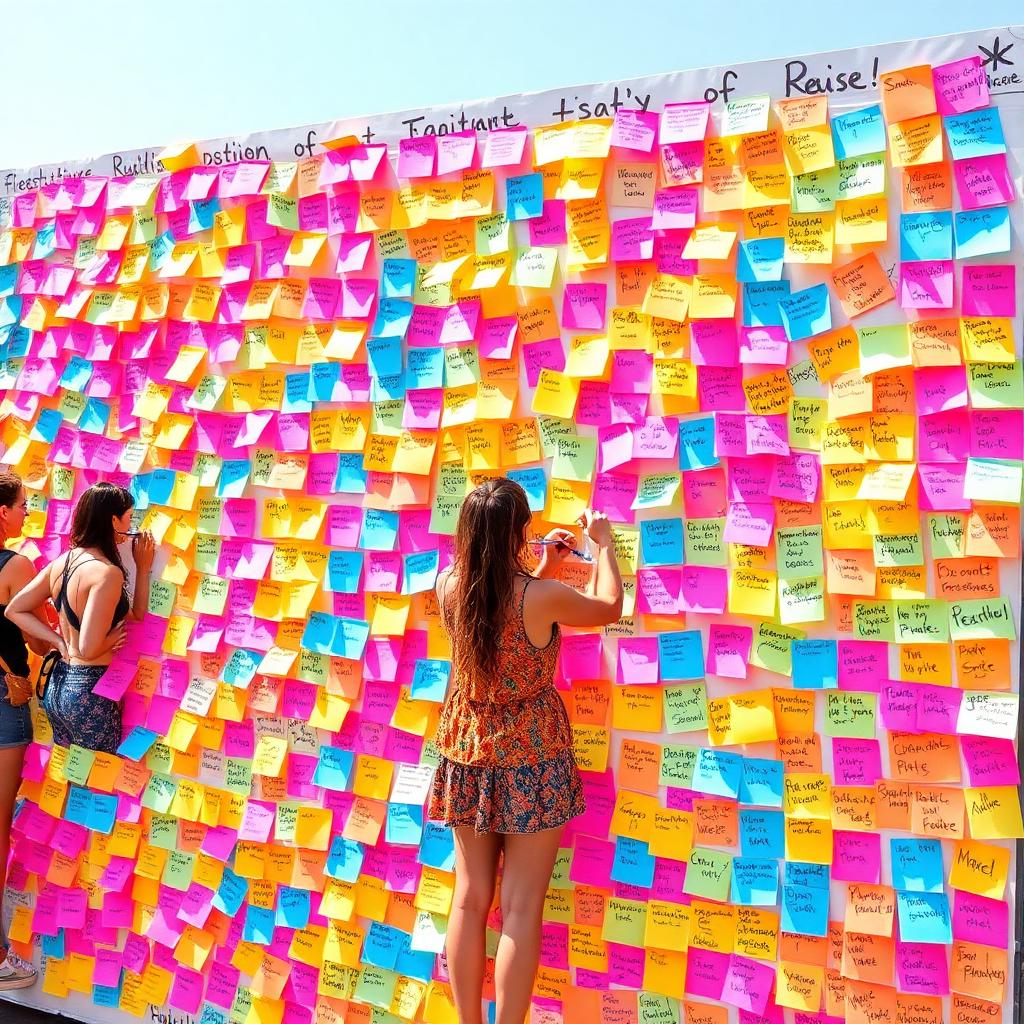 Panou colorat cu mesaje pozitive scrise de participanți